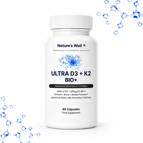 Nature's Well Ultra D3 + K2 BIO+ supplement bottle on a white background with molecular structures.