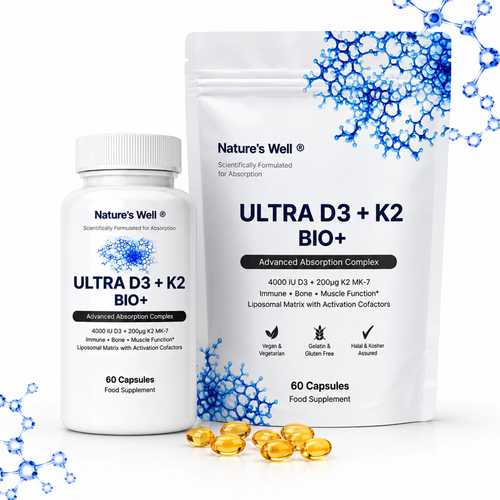 Nature's Well Ultra D3 + K2 BIO+ supplement bottle and packaging on a white background with blue molecular graphics.